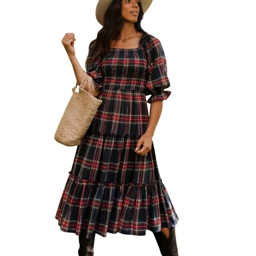 Ivy City Women's Madeline Dress Midnight Plaid Square Neck Cotton Midi Sz XL NWT